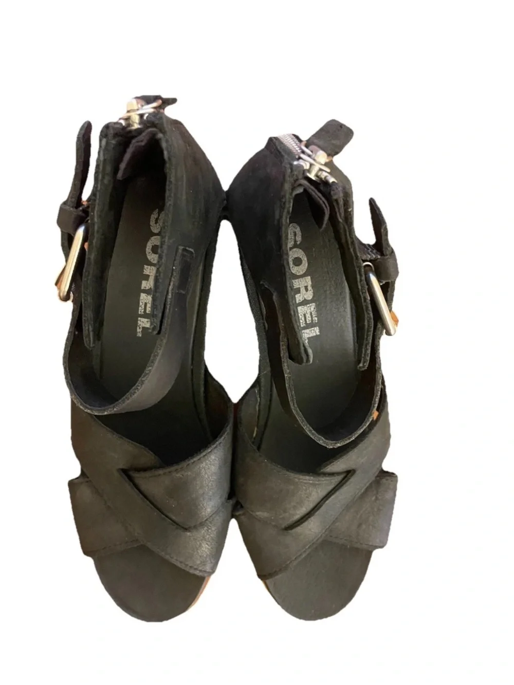 Sorel Joanie 2 Black Women's Ankle-Strap Wedge Sandals Criss Cross Leather